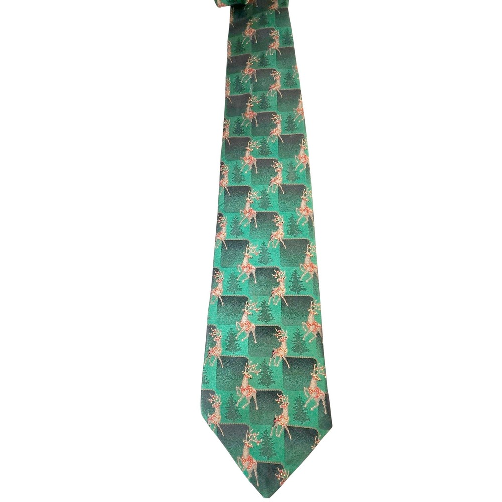 90s VTG Tie Tales Green Reindeer Trees 100% Imported Silk‎ Holiday Necktie 60 in